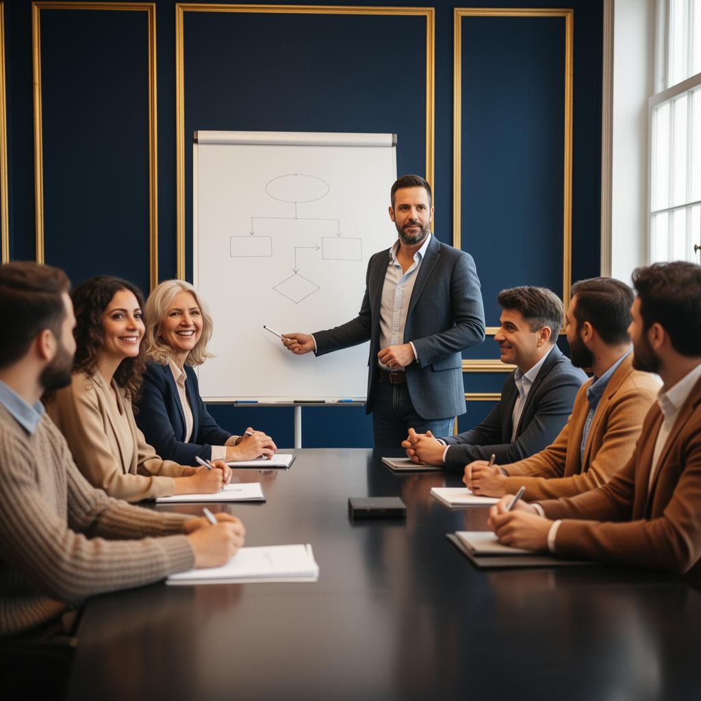 Fractional manager facilita una riunione tra reparti in un'azienda manifatturiera