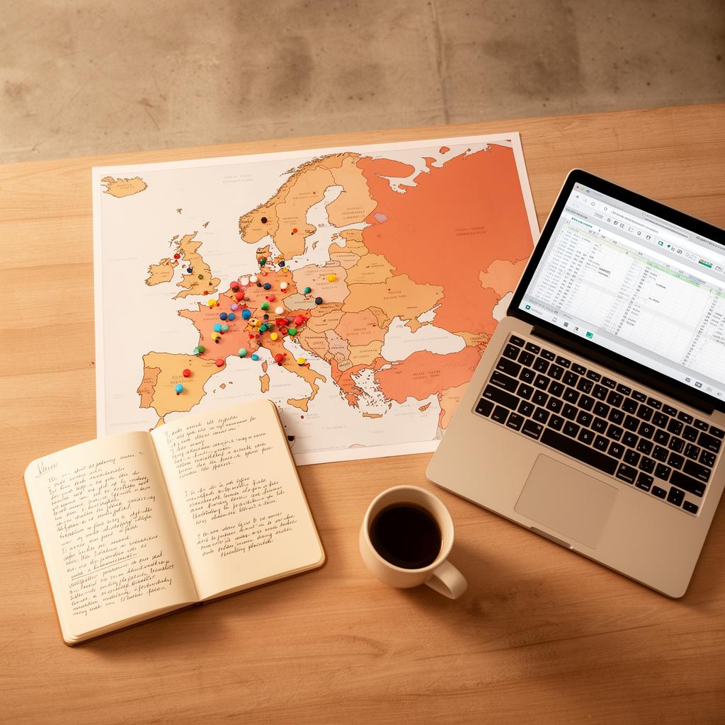 Mappa geografica con segnalibri, taccuino e laptop per pianificare la distribuzione